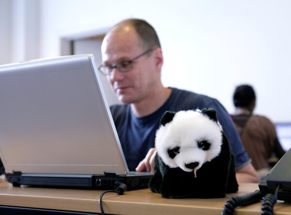 Ein Plüschpanda sitzt auf einem Tisch, im Hintergrund arbeitet ein Freiwilliger an einem Laptop.
