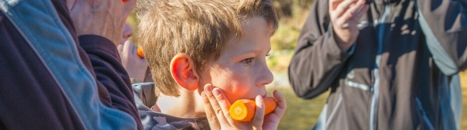 Ein Junge, der eine Karotte isst.