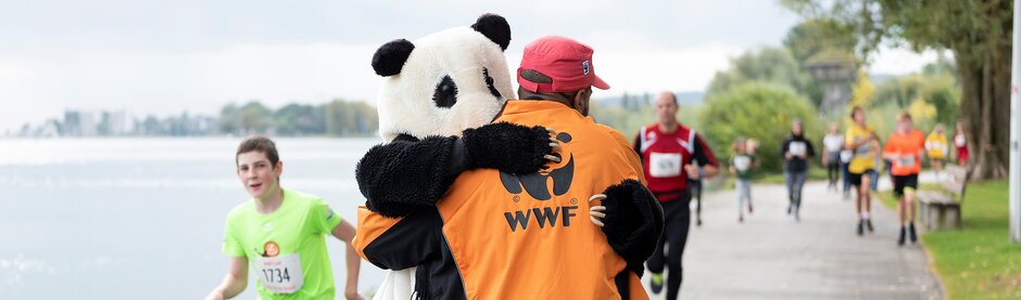 Der WWF-Panda umarmt am WWF-Lauf einen Läufer. Im Hintergrund ist der Bodensee zu erkennen.