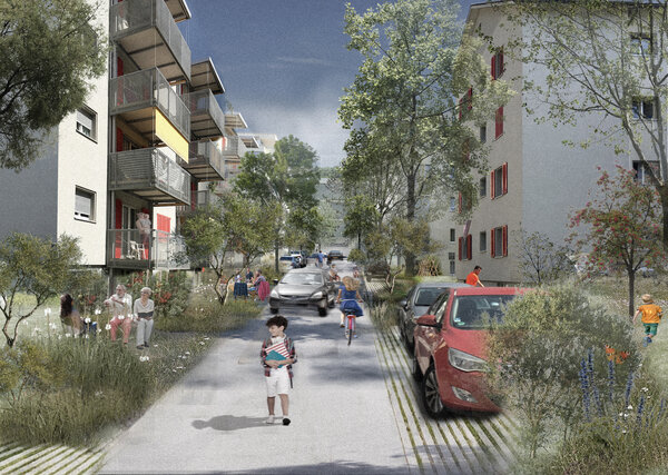 Eine Visiualisierung von einer Quartierstrasse, mit vielen Grünflächen in den Strassen.