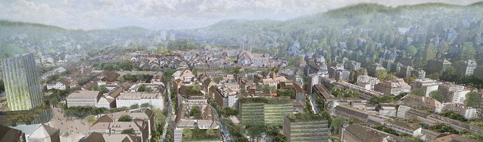 Über dem grünen Tal, St. Gallen, liegt ein leichter Morgennebel.