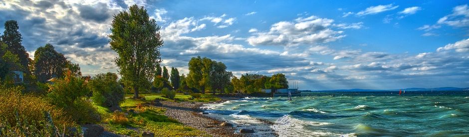 Am Bodenseeufer an einem sonnigen, leicht bewölkten Tag. Die Wellen rollen wild über den Kiesstrand, nah an die Wiese, auf welcher Bäume und Büsche wachsen.